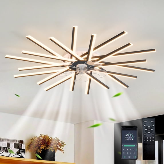 Ciling Fan Color Garwarm 44.9-in Black Modern Dimmable Color-Changing LED Flush Mount ...