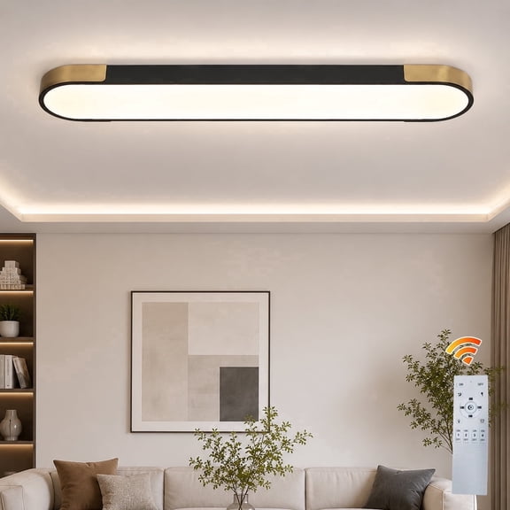 Garwarm 48 in. Dimmable LED Ceiling Light with Remote, Modern Linear Flush Mount Ceiling Light, Black and Gold Ceiling Lamp for Kitchen Island, Dining Room, Living Room, Hallway