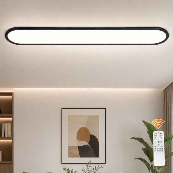 Garwarm 55 in. Black LED Linear Ceiling Light, 60W Dimmable Flush Mount Ceiling Light, Rectangular Low Profile Ceiling Lamp, Thin Modern Metal Light Fixture for Kitchen, Office, Hallway