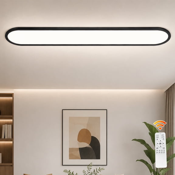Garwarm 55.11" Black LED Linear Ceiling Light, 60W Dimmable Flush Mount Ceiling Light, Rectangular Low Profile Ceiling Lamp, Thin Modern Metal Light Fixture for Kitchen, Office, Hallway