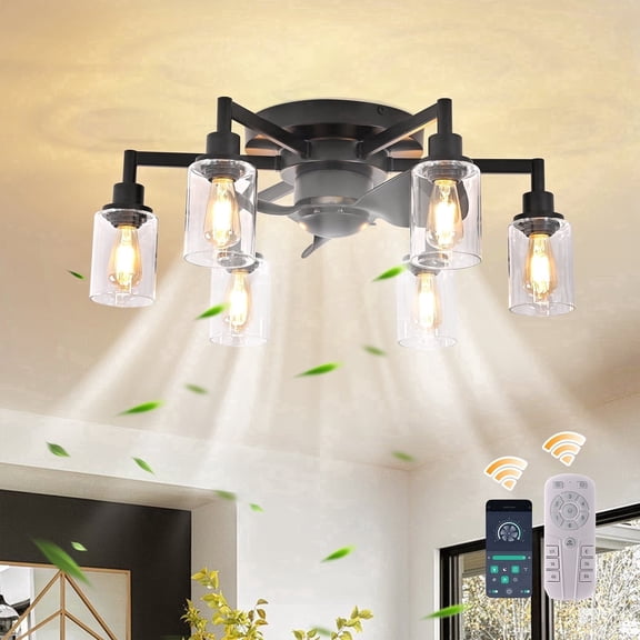Garwarm 6-Light Industrial Ceiling Fan with Lights and Remote, Black Flush Mount Ceiling Fan, 6-Speed Reversible Quiet DC Motor, Light Fixture for Living Room Bedroom Dining Room