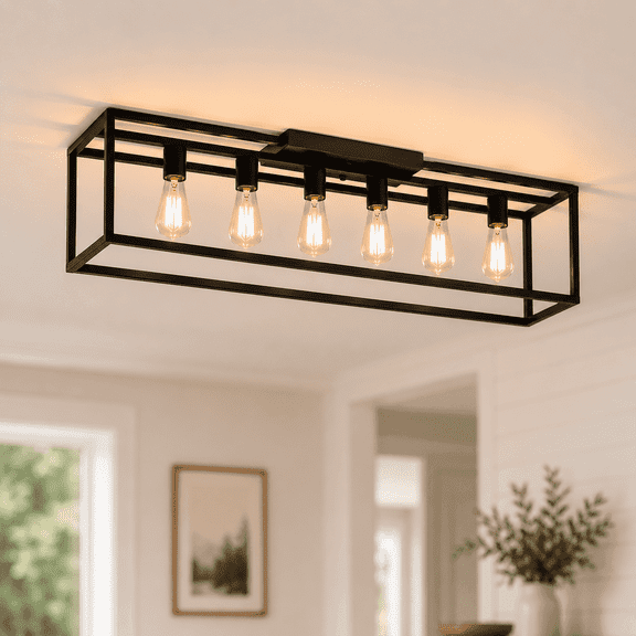 Garwarm 6-Light Black Modern Farmhouse Kitchen Island Light, Rectangular Industrial Linear Chandelier, Modern Cage Ceiling Light, E26 Dining Room Lighting Fixture