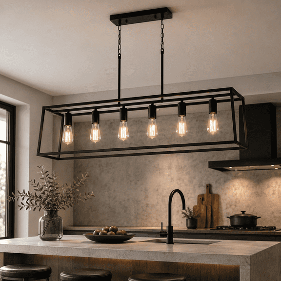 Garwarm 6-Light Farmhouse Kitchen Island Pendant Light, Black Rectangular Chandelier, Height Adjustable Industrial Hanging Light Fixture for Dining Room, Bar, Foyer