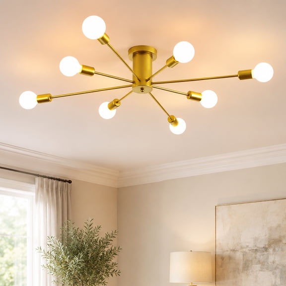 Garwarm 8-Light Gold Sputnik Chandelier, Modern Semi Flush Mount Ceiling Light, Industrial Ceiling Lighting Fixture for Dining Room, Living Room, Bedroom, Kitchen, Foyer
