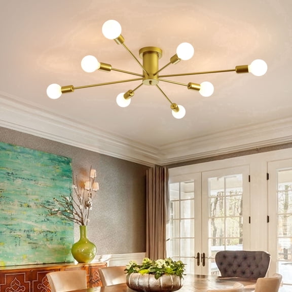 Garwarm 8-Light Sputnik Ceiling Light Modern Semi Flush Mount Ceiling Light Mid Century Gold Chandelier Pendant Lighting for Kitchen Dining Room Bedroom