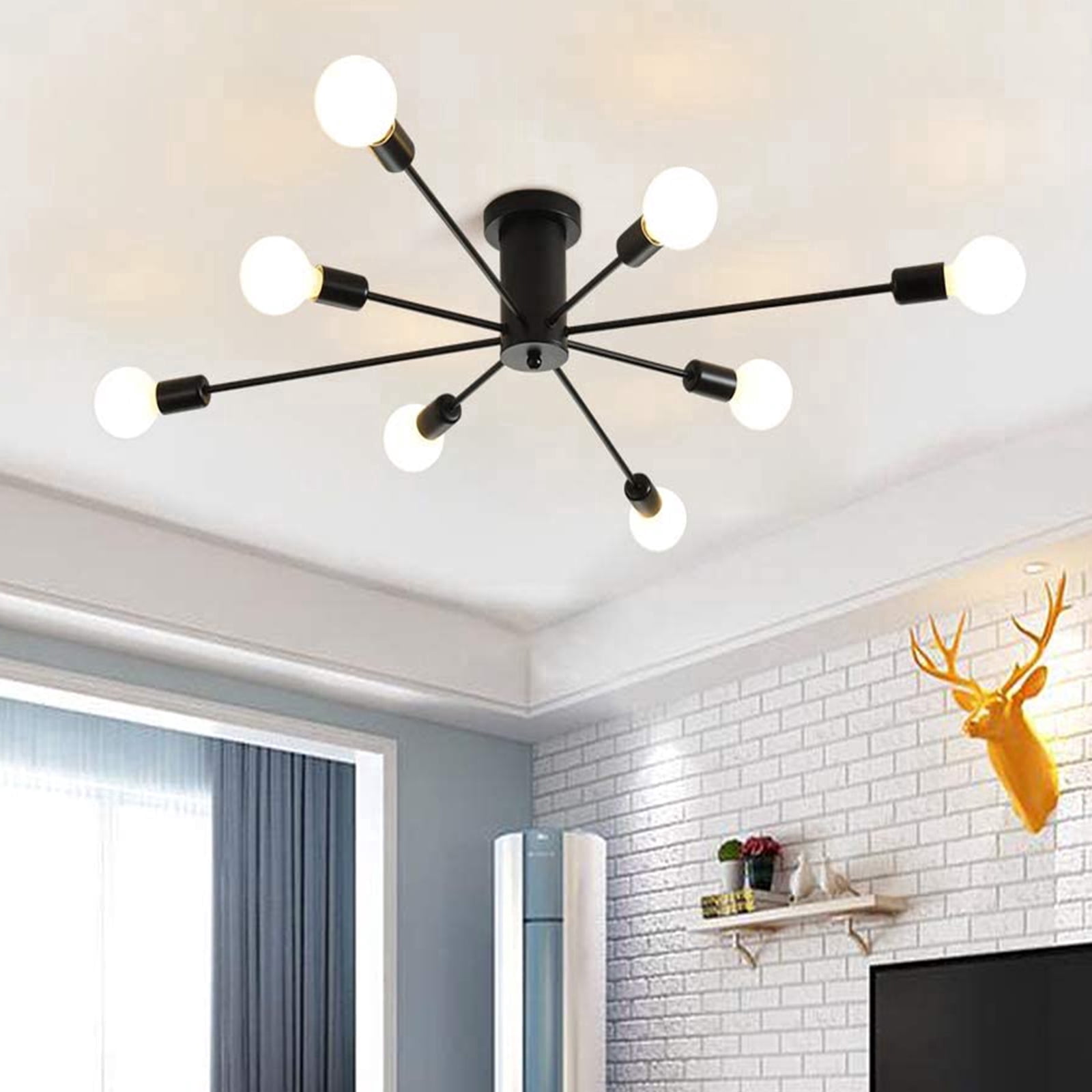 Garwarm Modern Sputnik Chandelier 8-Light Industrial Ceiling Lights Fixture 38" Black Semi Flush Mount Ceiling Light with E26 Base Sputnik Lights Fixture for Dining Room Bedroom