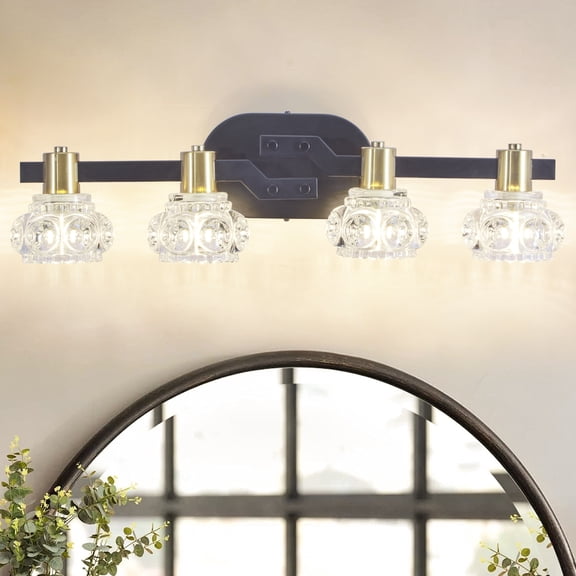 Garwarm Black Modern Clear Crystal Vanity Light Vintage Bathroom Lighting Fixtures, 4 Light Dimmable Vanity Lights G9 Bulb Wall Sconce for Dressing Room Bedroom (23.6 Inch, Black Gold)