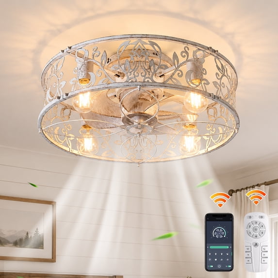 Garwarm 20" Distressed White Caged Ceiling Fan with Lights and Remote, Farmhouse Low Profile Flush Mount Fan, 6-Speed Reversible Enclosed Fandelier for Bedroom Kitchen