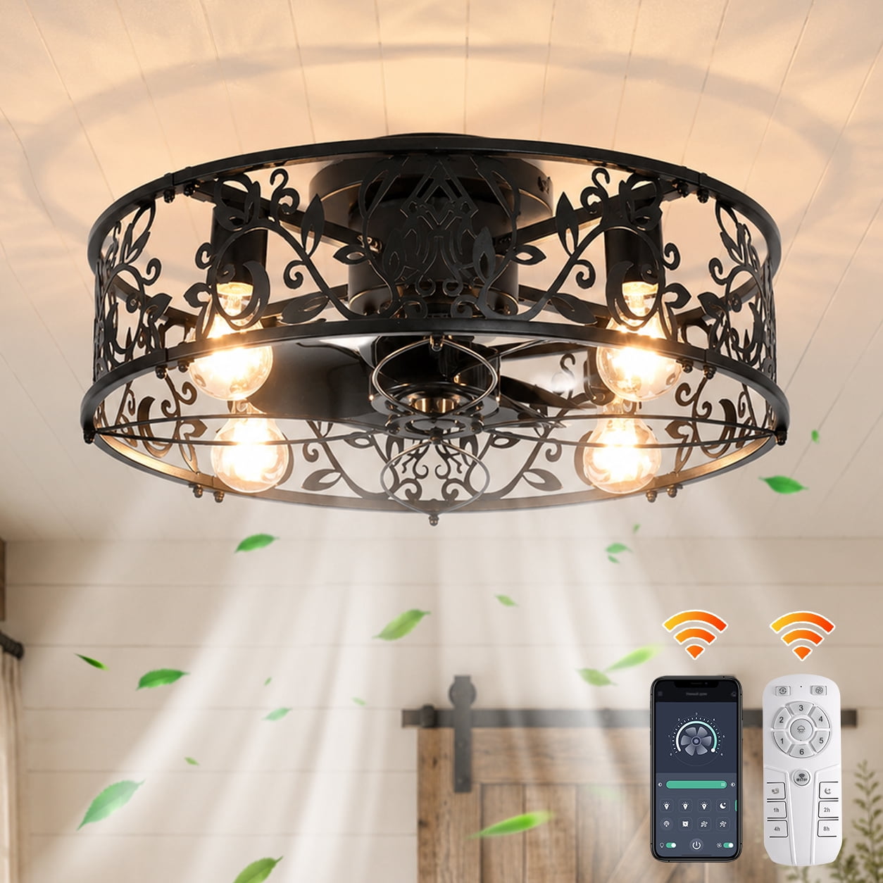 Garwarm 20in. Black Caged Farmhouse Ceiling Fan with Lights and Remote, 6-Speed Reversible Low Profile Flush Mount Ceiling Fan, Industrial Enclosed Fandelier for Bedroom, Kitchen