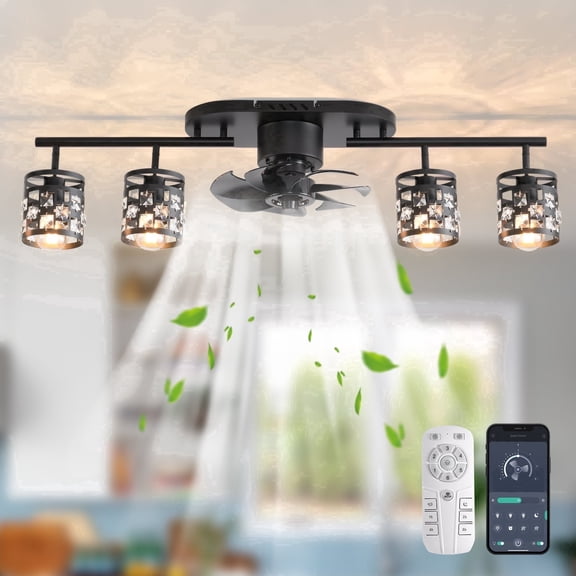 Garwarm 39.37 in. 4-Light Black Ceiling Fan with Light and Remote, Industrial Bladeless Low Profile Flush Mount Ceiling Fan Light for Bedroom Kitchen Home Office