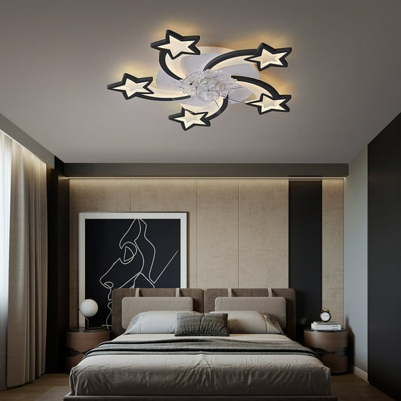 Garwarm Ceiling Fan with Lights Remote Control, Black Sputnik Ceiling Fan with Light, 3 Light Color Modern Low Profile Flush Mount Ceiling Fan for Kitchen Bedroom Living Room
