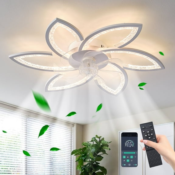Garwarm Ceiling Fan with Lights and Remote Control, White Flower 3 Light Color Modern Low Profile Flush Mount Ceiling Fan for Kitchen Bedroom Living Room