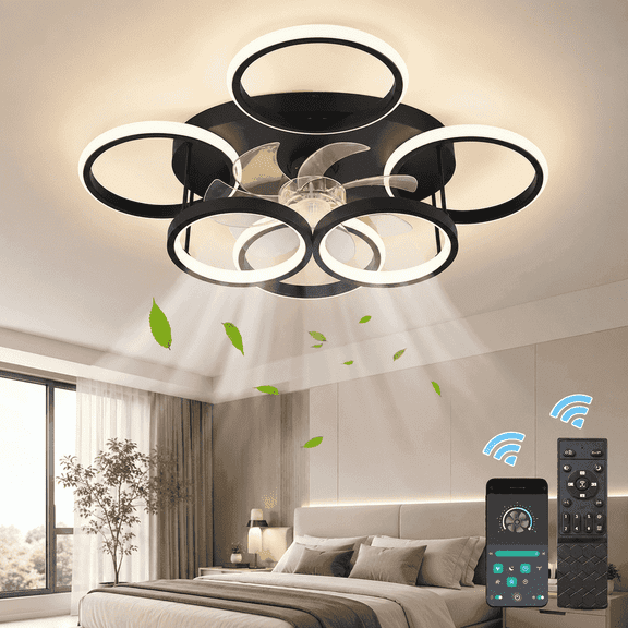 Garwarm 24.8" Black Ceiling Fan with Lights and Remote, Low Profile Flush Mount Fandelier, 6-Speed Reversible Ceiling Fan, Dimmable LED Light 3000K-6500K for Bedroom, Living Room