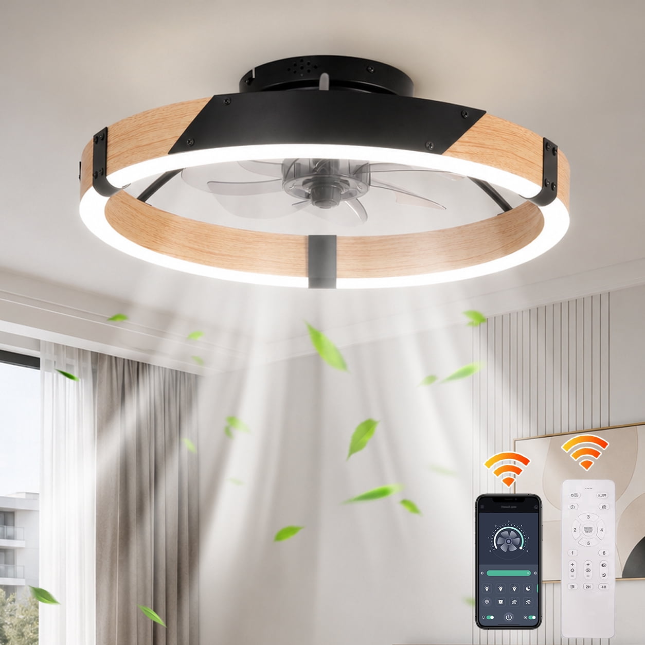 Garwarm 20" Modern Ceiling Fan with Lights and Remote, Dimmable LED Flush Mount Fandelier, Low Profile Ceiling Fan, 6-Speed Reversible Black Wood Fan for Bedroom, Living Room