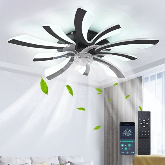Garwarm Dimmable Ceiling Fan with Light and Remote Control, 27" Small Flush Mounted Ceiling Fan with Led Lights, APP and Remote Controlled, Modern, Black