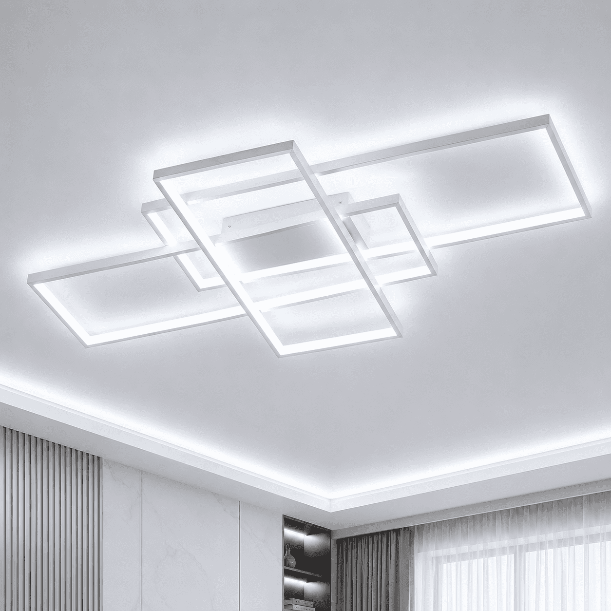 Garwarm Modern White LED Ceiling Light 75W, 3-Square Acrylic Flush Mount Ceiling Lamp, 6500K Cool White Ceiling Light Fixture for Living Room, Bedroom, Kitchen, Dining Room, Study
