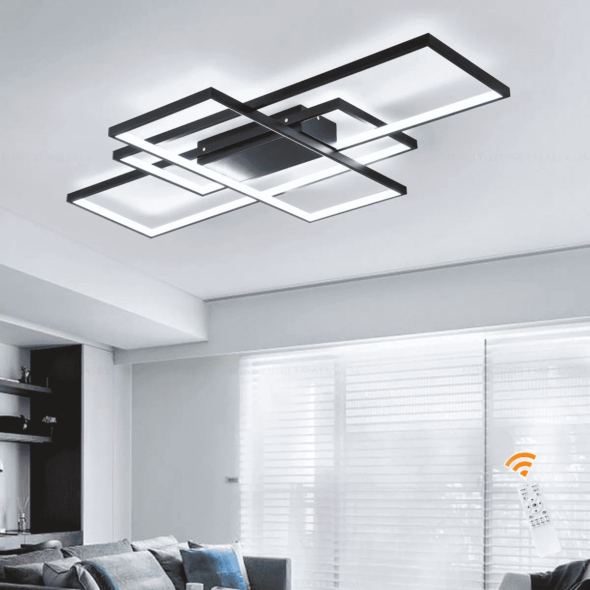 Garwarm 35.4in. Black 3-Square LED Ceiling Light with Remote, 50W Dimmable Flush Mount Ceiling Light, Modern Acrylic Fixture for Living Room Bedroom Kitchen