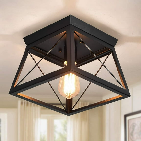 Garwarm 1-Light Black Flush Mount Ceiling Light for Kitchen Hallway, Industrial Ceiling Lighting, Farmhouse Square Cage Lamp for Dining Room, Living Room, Bulb Not Included
