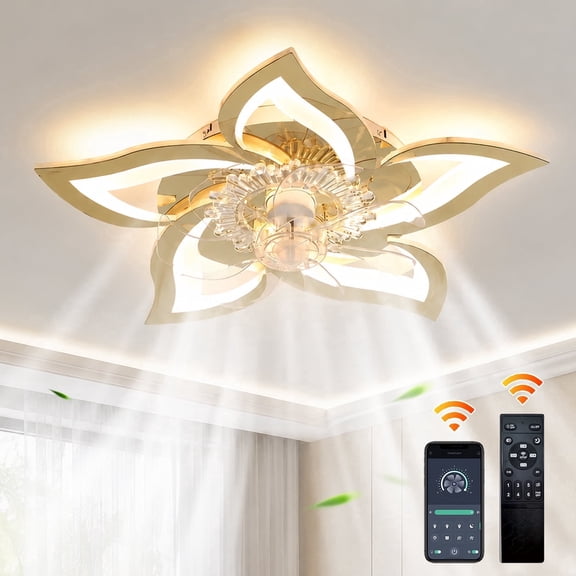 Garwarm 24 in. Gold Flower Ceiling Fan with Lights, Modern Low Profile Flush Mount Fan Light with Remote Control, Dimmable LED Light Fixture for Bedroom Kitchen