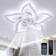 Garwarm 24.6 White Flower Ceiling Fan with Light, Low Profile Flush Mount Fandelier, Dimmable LED Ceiling Light with Remote, 6-Speed Reversible Fan for Bedroom, Kitchen, Living Room