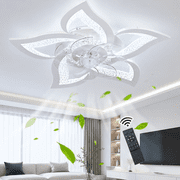 Garwarm Flower Ceiling Fans with Lights and Remote, 24 Inch Modern Low Profile Flush Mount Ceiling Fan, Dimmable LED Ceiling Light Fixture, Small Ceiling Fans for Bedroom, Kitchen, Indoor-White