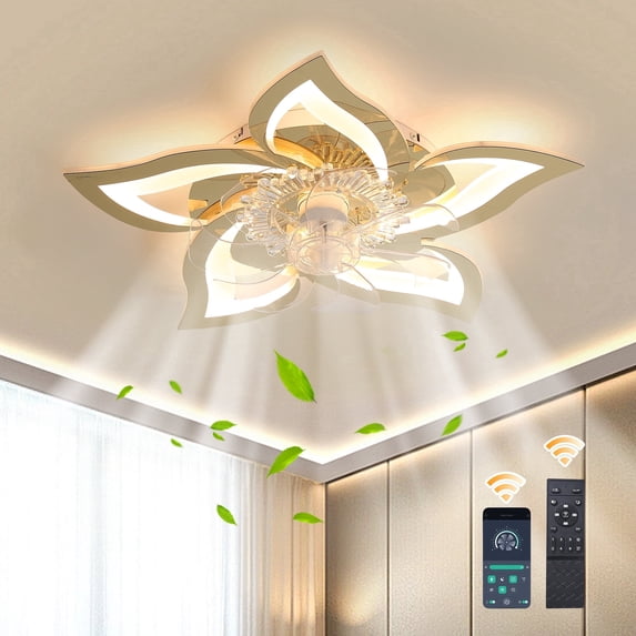 Garwarm Flower Ceiling Fans with Lights and Remote, 24 Inch Modern Low Profile Flush Mount Ceiling Fan, Dimmable LED Ceiling Light Fixture, Small Ceiling Fans for Bedroom, Kitchen, Indoor-White