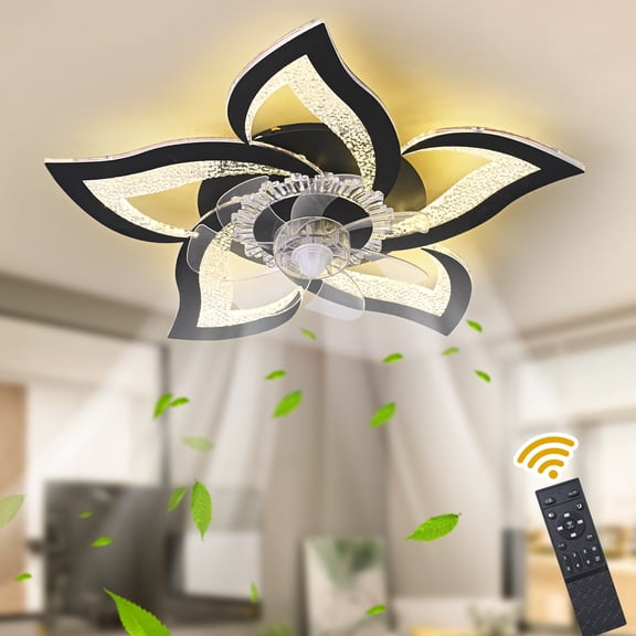 Garwarm 24.6" Black Flower Ceiling Fan with Light, Low Profile Flush Mount Fandelier, Dimmable LED Ceiling Light with Remote, 6-Speed Reversible Fan for Bedroom, Kitchen, Living Room