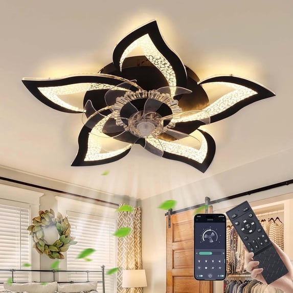 Garwarm Flower Ceiling Fans with Lights and Remote, 24 Inch Modern Low Profile Flush Mount Ceiling Fan, Dimmable LED Ceiling Light Fixture, Small Ceiling Fans Lamp for Bedroom, Kitchen, Black