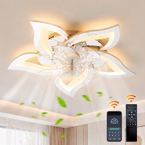Garwarm 24 in. Chrome Flower Ceiling Fan with Lights, Modern Low Profile Flush Mount Fan Light with Remote Control, Dimmable LED Light Fixture for Bedroom Kitchen