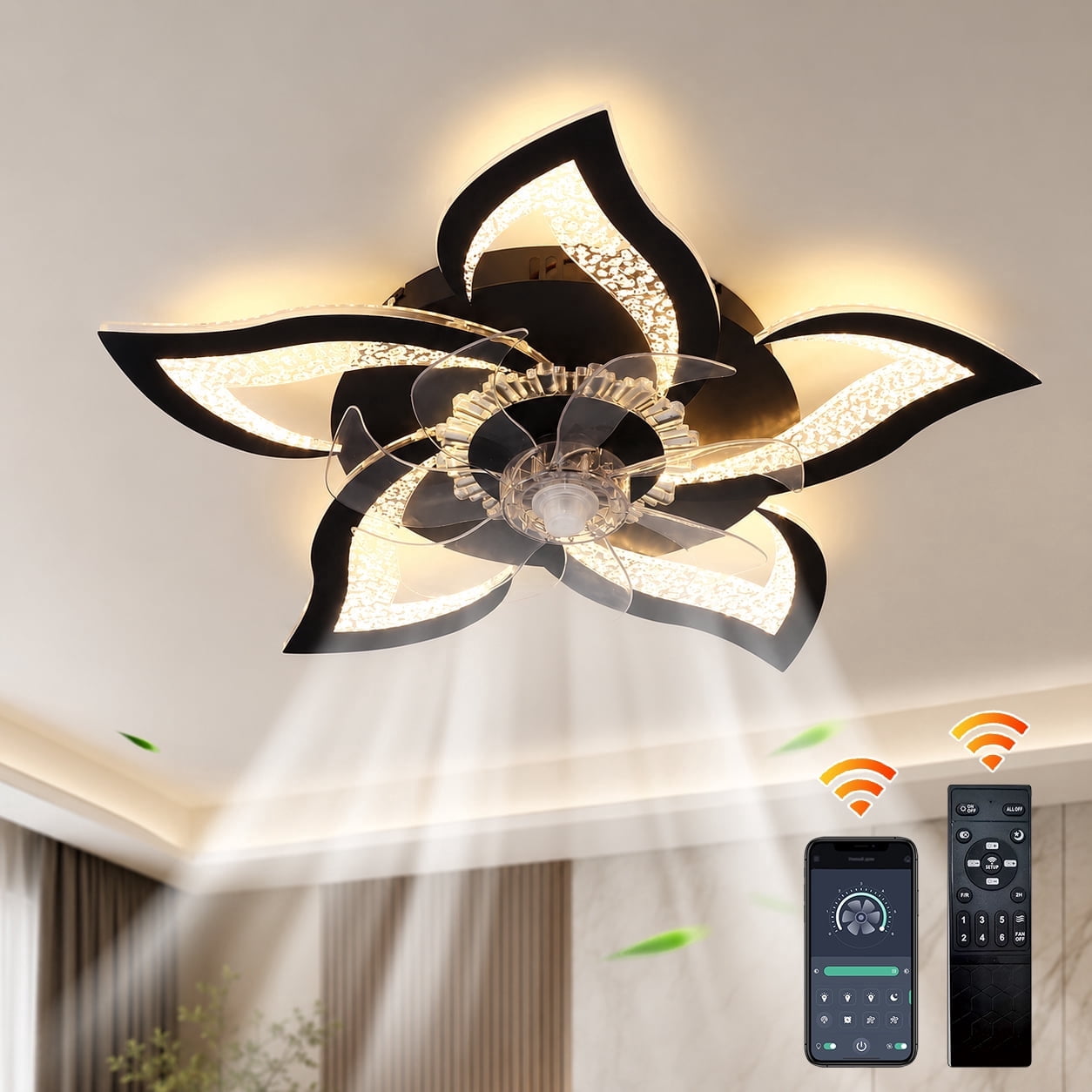 Garwarm 24.6" Black Flower Ceiling Fan with Light, Low Profile Flush Mount Fandelier, Dimmable LED Ceiling Light with Remote, 6-Speed Reversible Fan for Bedroom, Kitchen, Living Room