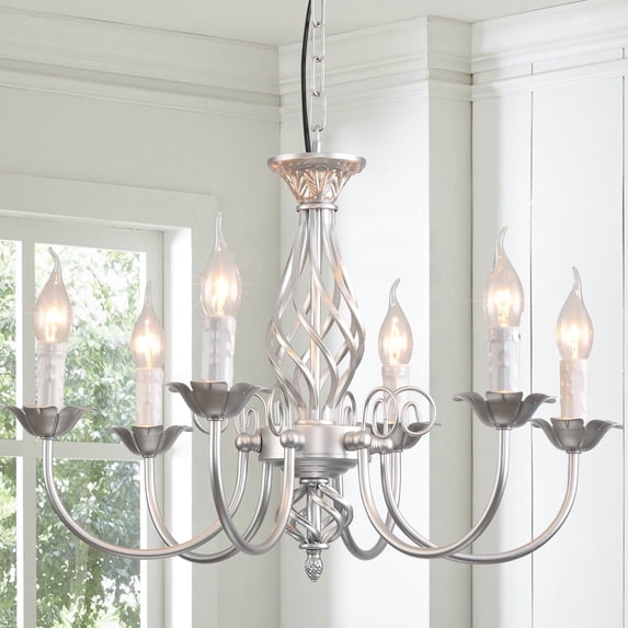 Garwarm French Country Chandelier,Vintage Candle Chandelier,6 Lights Farmhouse Pendant Light Fixture for Kitchen Island,Dining Room,Living Room(Silvery)