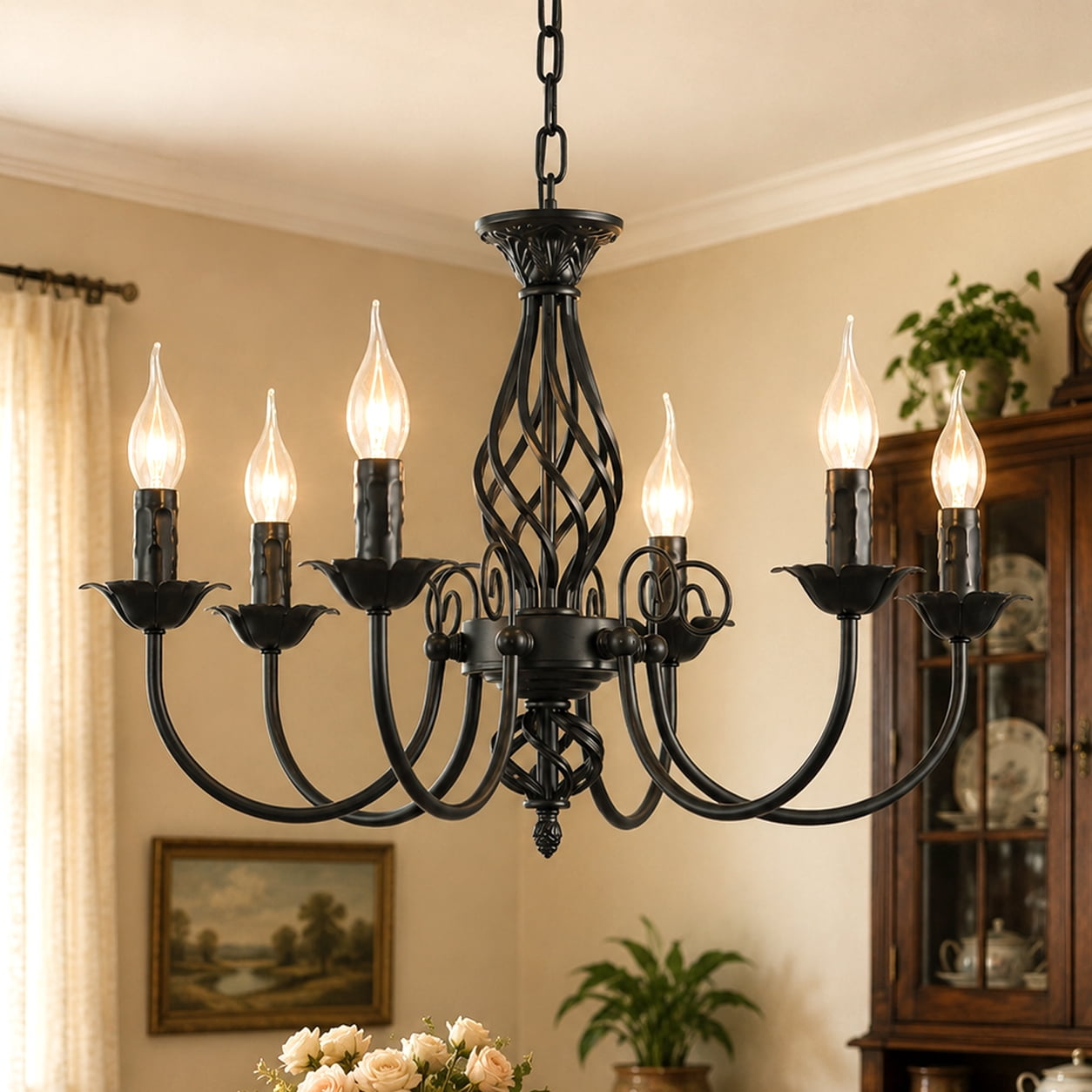 Garwarm 22.8 in. 6-Light Vintage French Country Chandelier, Farmhouse Candle Pendant Light Fixture for Kitchen Island Dining Room Living Room