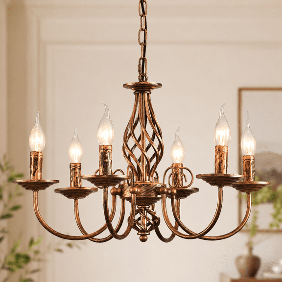 Garwarm 6-Light Bronze Farmhouse Candle Chandelier, Rustic Industrial Pendant Light Fixture, Adjustable Vintage Hanging Ceiling Light for Dining Room Kitchen Island Foyer