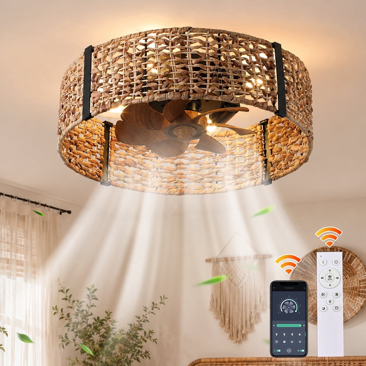 Garwarm 19.6" Boho Rattan Ceiling Fan with Lights, 4-Light Flush Mount Fandelier with Remote, Low Profile Caged Ceiling Fan, Reversible Enclosed Bladeless Fan for Bedroom Living Room