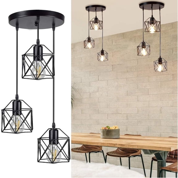 Garwarm Industrial 3-Light Pendant Light, Adjustable Flush Mount Ceiling Lighting for Kitchen Island Living Room Bedroom Hallway, Vintage Hanging Pendant Lights Fixture with Metal Cage Shade, Black