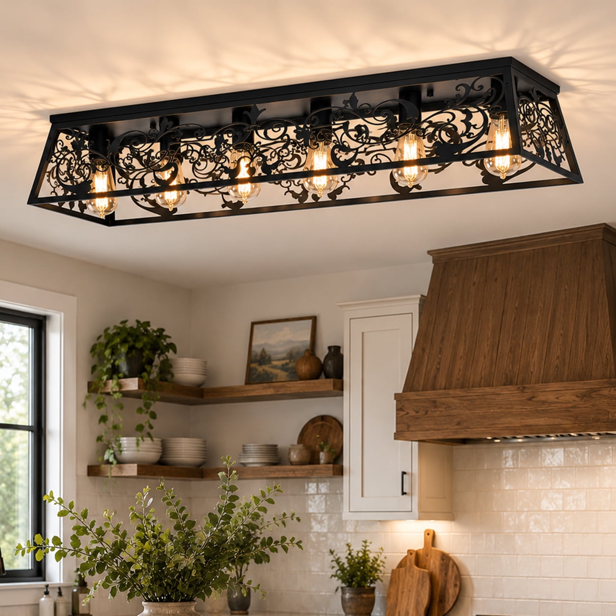 Garwarm 45.27 in. 6-Light Black Flush Mount Ceiling Light, Farmhouse Industrial Metal Shade Ceiling Light Fixture for Kitchen Island Hallway Entryway