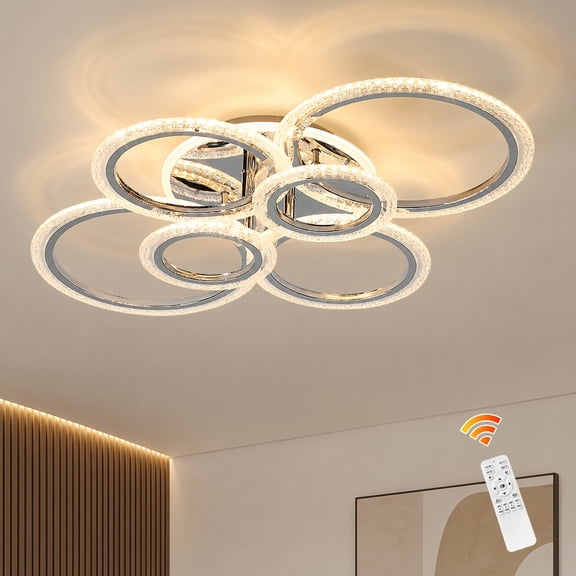 Garwarm Chrome 6-Ring LED Ceiling Light, Modern Dimmable Flush Mount Ceiling Light with Remote, Acrylic Ring Ceiling Lamp Fixture for Living Room, Dining Room, Bedroom