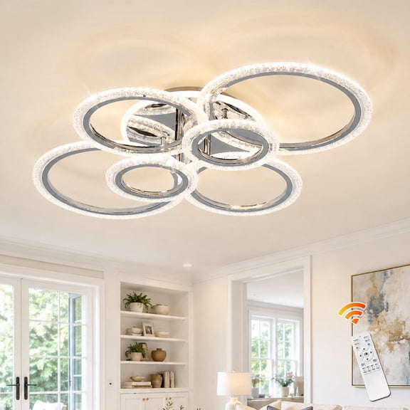 Garwarm Modern Chrome 6-Ring Integrated LED Flush Mount Ceiling Light, Dimmable with Remote Control, Adjustable Color Temperature, Ceiling Fixture for Living Room, Dining Room Bedroom