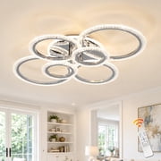 Garwarm Modern Chrome 6-Ring Integrated LED Flush Mount Ceiling Light, Dimmable with Remote Control, Adjustable Color Temperature, Ceiling Fixture for Living Room, Dining Room Bedroom