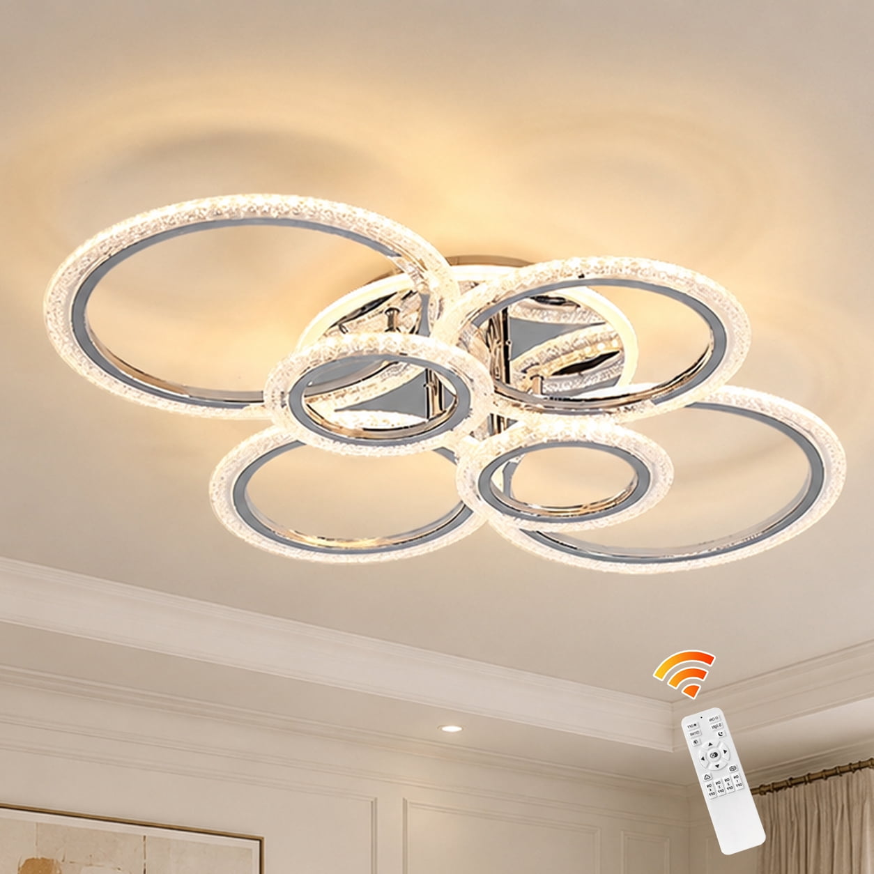 Garwarm Chrome 6-Ring LED Ceiling Light, Modern Dimmable Flush Mount Ceiling Light with Remote, Acrylic Ring Ceiling Lamp Fixture for Living Room, Dining Room, Bedroom
