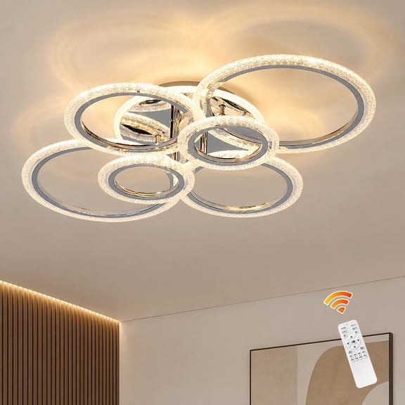 Garwarm 6-Ring LED Flush Mount Ceiling Light, Modern Chrome Acrylic Ceiling Fixture with Remote Control, Dimmable for Living Room, Dining Room, Bedroom