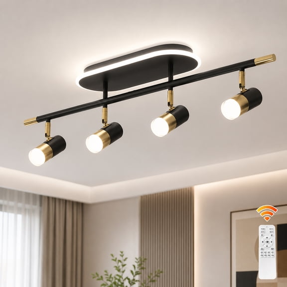 Garwarm Black Gold LED Track Lighting Fixture, 41W 4-Light Dimmable 3000K-6500K Flush Mount Ceiling Spotlight, Modern Rotatable Track Light for Kitchen, Living Room, Dining Room