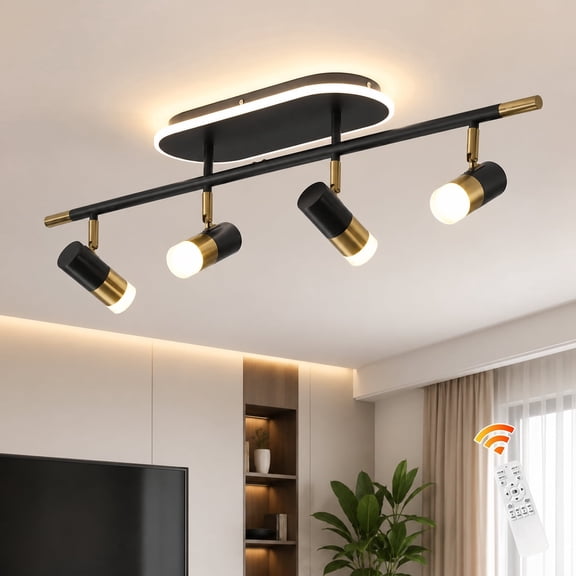 Garwarm Black Gold LED Track Lighting Fixture, 41W 4-Light Dimmable 3000K-6500K Flush Mount Ceiling Spotlight, Modern Rotatable Track Light for Kitchen, Living Room, Dining Room