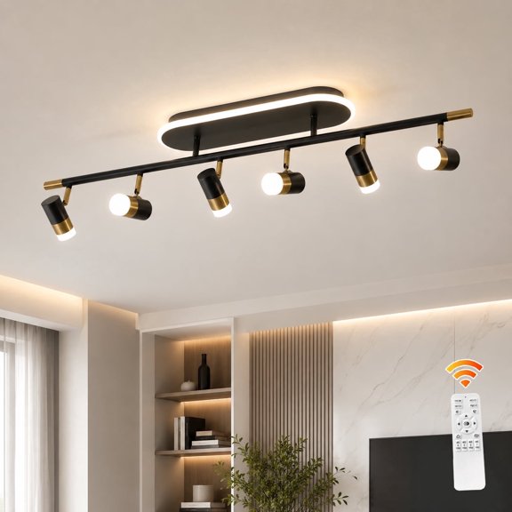 Garwarm Black Gold LED Track Lighting Fixture, 60W 6-Light Dimmable 3000K-6500K Flush Mount Ceiling Spotlight, Modern Rotatable Track Light for Kitchen, Living Room, Dining Room
