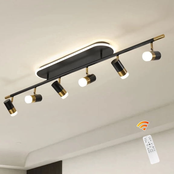 Garwarm LED Flush Mount 6 Light Track Lighting Spotlight Kit, Black Ceiling Spotlights, Modern Track Light Fixture with Flexibly Rotatable Light Heads, 60W Dual Lighting for Living Room