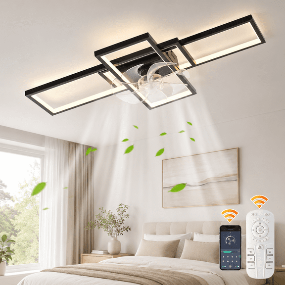 Garwarm Modern Black LED Ceiling Fan With Lights Low Profile 35" Dimmable Square with Remote Rectangle Light Fixture for Kitchen,Bathroom,Balcony,Living Room