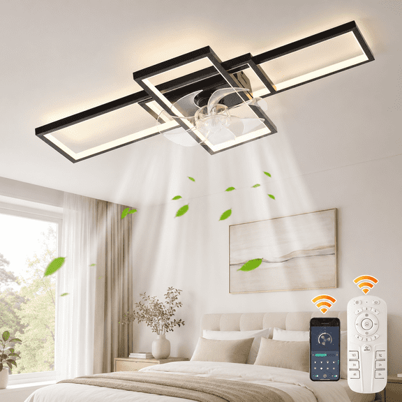 Garwarm 35.43" Modern Black LED Ceiling Fan with Lights and Remote, Dimmable Low Profile Flush Mount Ceiling Fan, Rectangle Light Fixture for Bedroom Kitchen Living Room