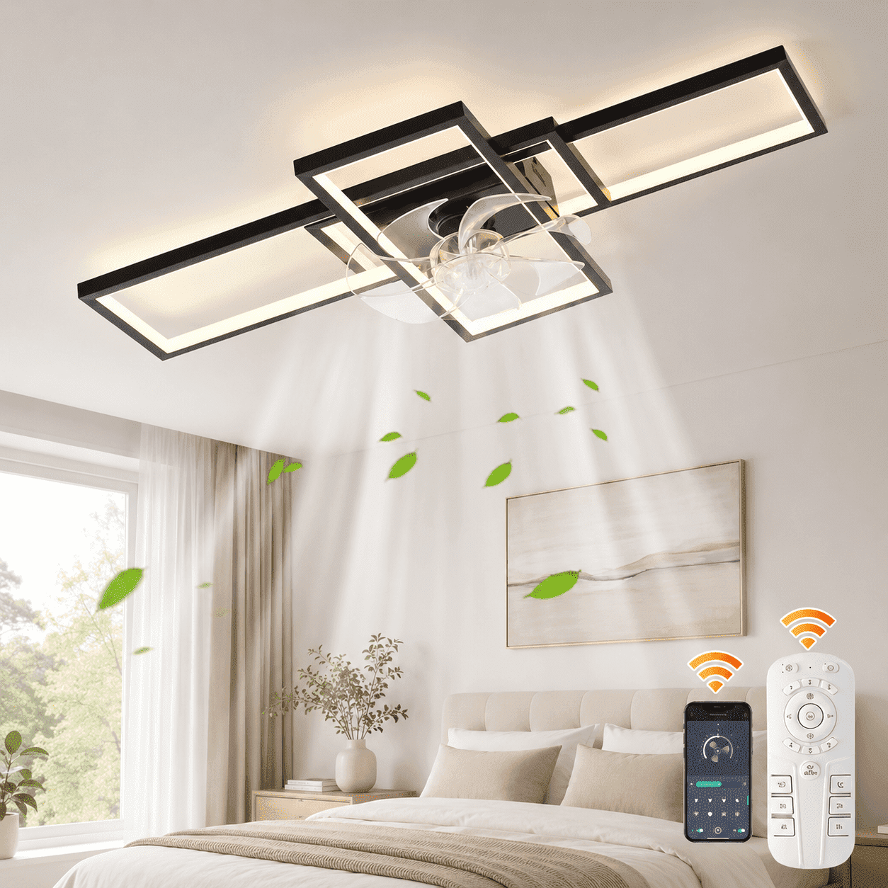 Garwarm 35.43" Modern Black LED Ceiling Fan with Lights and Remote, Dimmable Low Profile Flush Mount Ceiling Fan, Rectangle Light Fixture for Bedroom Kitchen Living Room
