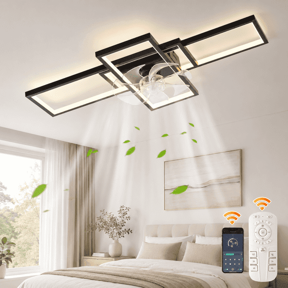 Garwarm 35.43" Modern Black LED Ceiling Fan with Lights and Remote, Dimmable Low Profile Flush Mount Ceiling Fan, Rectangle Light Fixture for Bedroom Kitchen Living Room