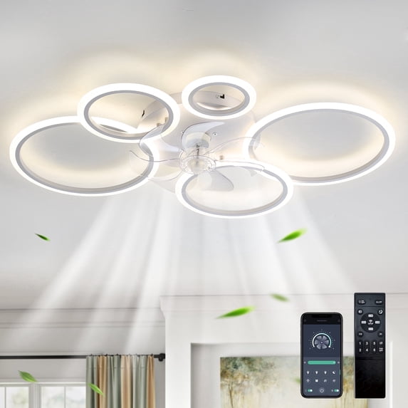 Garwarm Modern Ceiling Fans with Lights and Remote, 39" Flush Mount LED Ceiling Fan 6 Speed Dimmable Reversible Low Profile Ceiling Fan for Bedroom Living Room, White